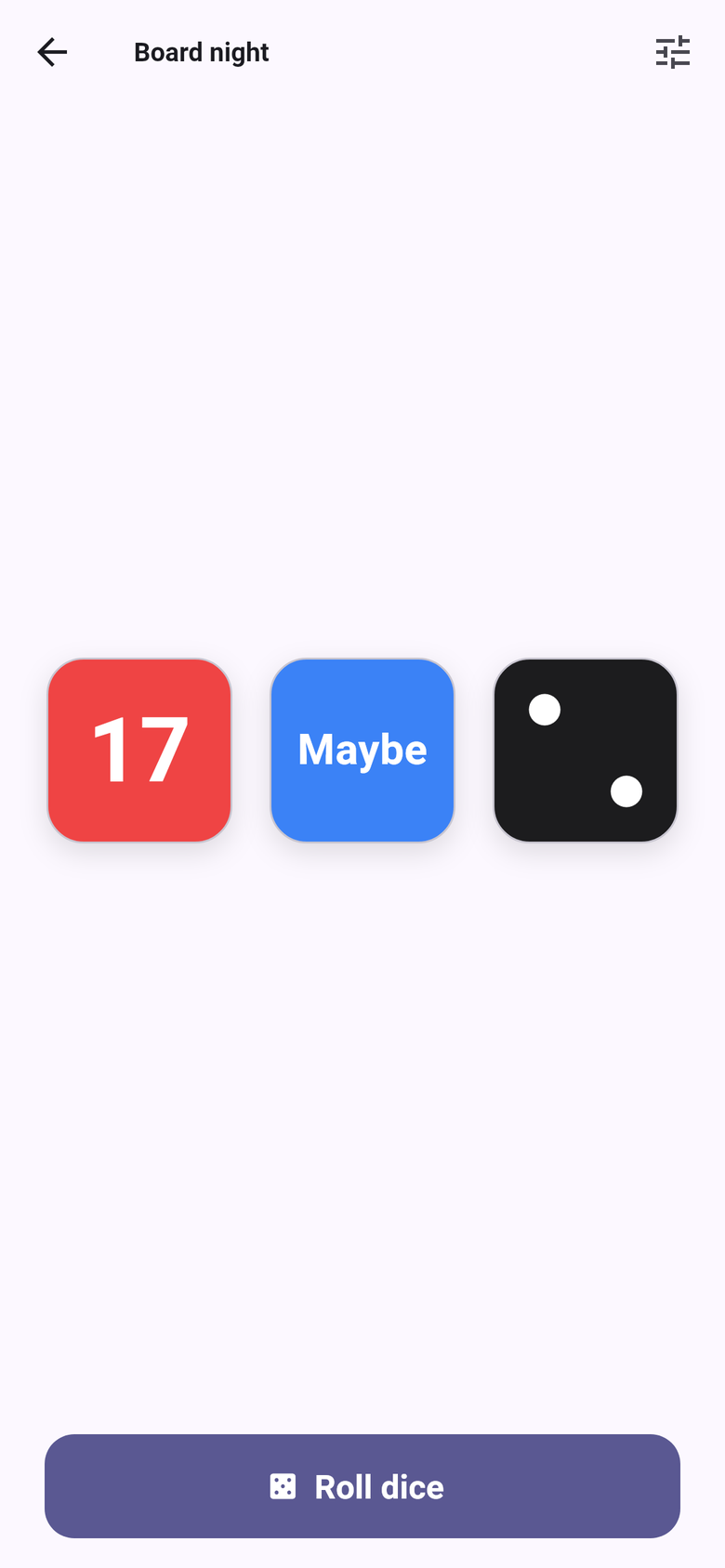 Da Dice showing a red d20, a blue custom die and a black d6 after a roll